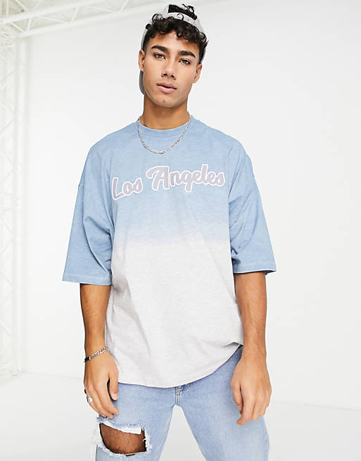  oversized t-shirt in grey and blue dip dye with Los Angeles city print 