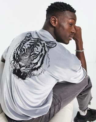 ASOS DESIGN oversized t-shirt in grey velour with back tiger embroidery