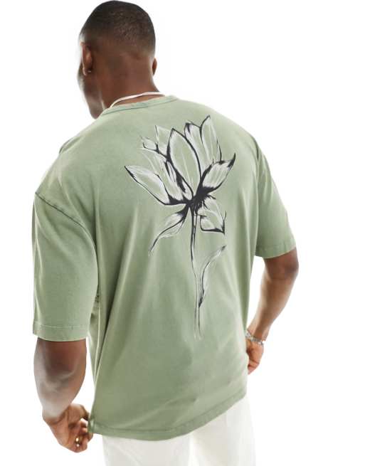 ASOS DESIGN oversized t-shirt in heavyweight 220gsm green with back floral print