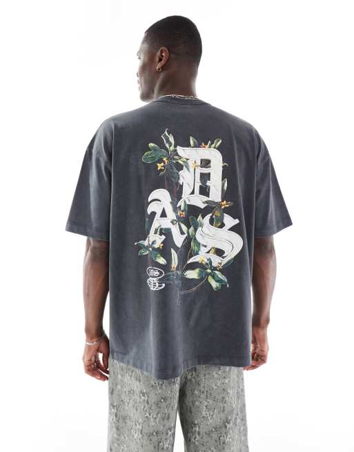 ASOS DESIGN oversized t-shirt in heavyweight 220gsm washed black with floral text graphic