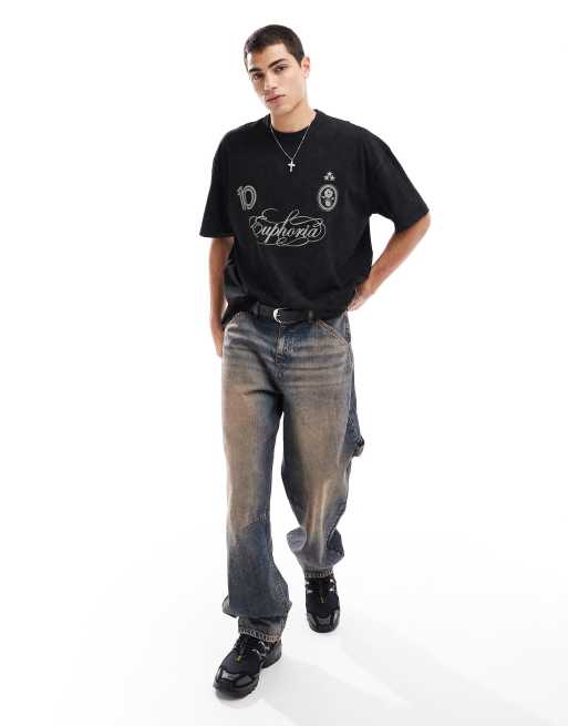 ASOS DESIGN oversized t-shirt in heavyweight 220gsm washed black with sport front print, 4 of 4