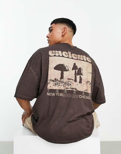 ASOS DESIGN oversized t-shirt in heavyweight 220gsm washed brown with mushroom back print