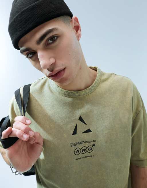 ASOS DESIGN oversized t-shirt in heavyweight 220gsm washed khaki with chest print
