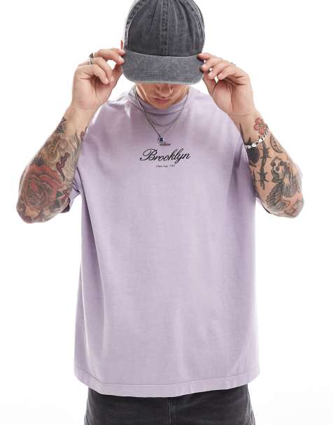 ASOS DESIGN oversized t-shirt in heavyweight 220gsm washed lavender with Brooklyn chest print - view 1