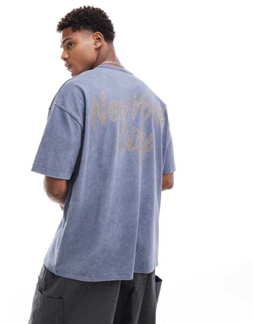 ASOS DESIGN oversized t-shirt in heavyweight 220gsm washed navy with city back print, 4 of 4