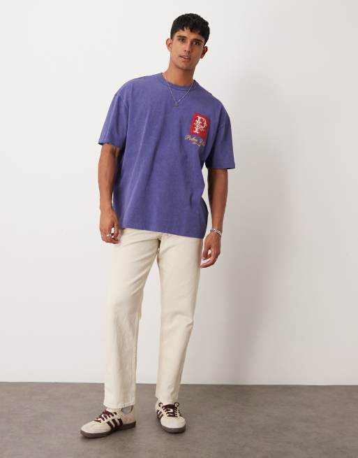 ASOS DESIGN oversized t-shirt in heavyweight 220gsm washed purple with chest print, 4 of 4