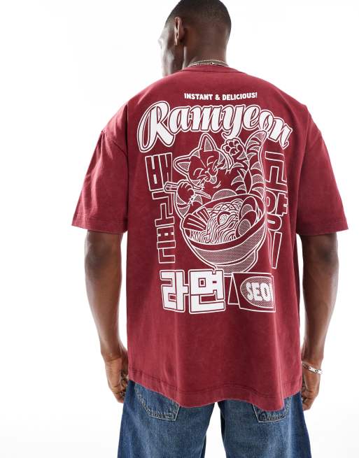 ASOS DESIGN oversized t-shirt in heavyweight 220gsm with front and back souvenir print in washed red