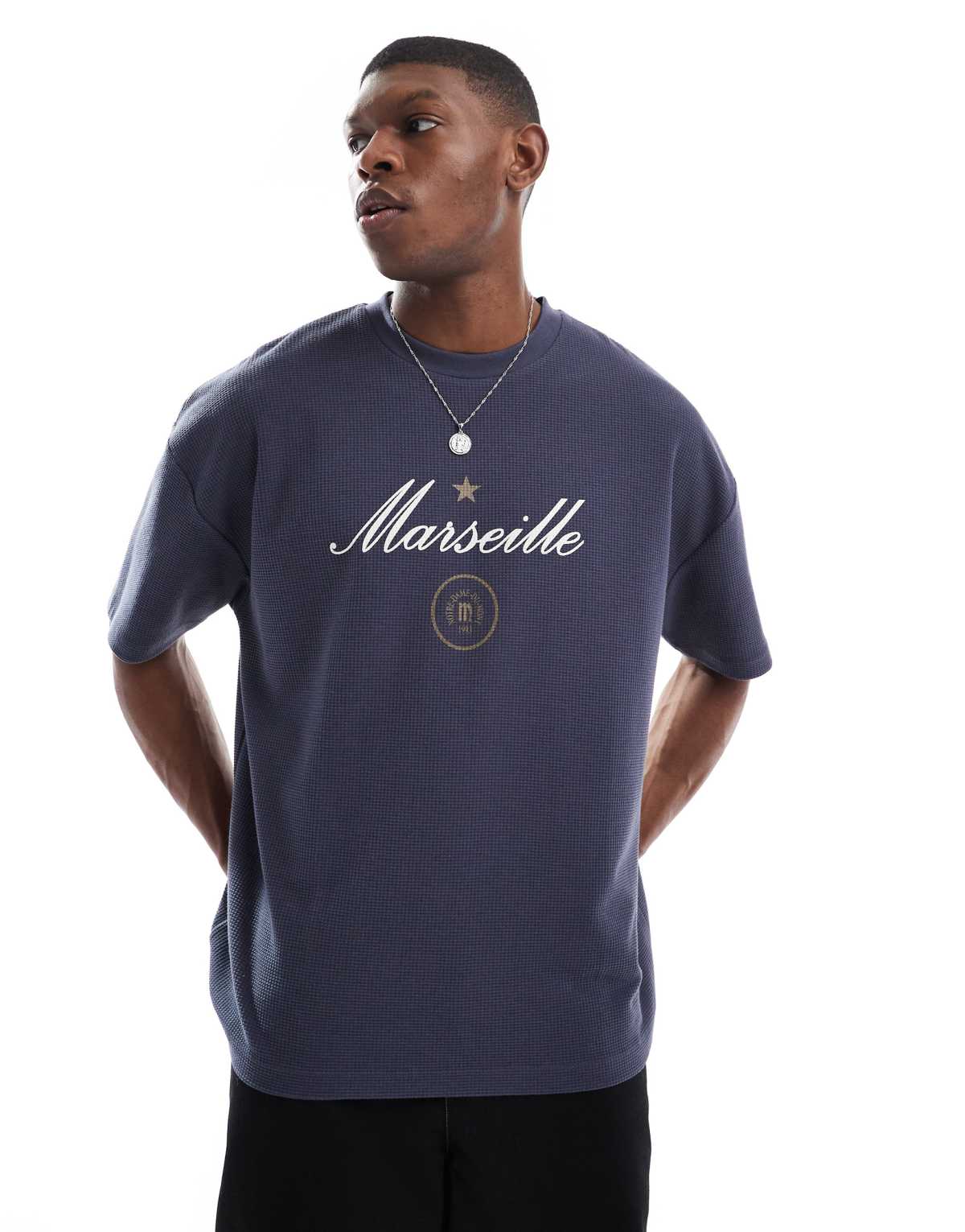 ASOS DESIGN oversized t-shirt in heavyweight waffle texture 230gsm with city graphic in charcoal