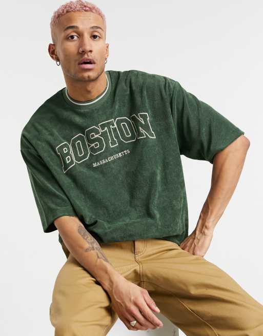 ASOS DESIGN - Oversized T-shirt in kaki badstof met Boston-stadsprint