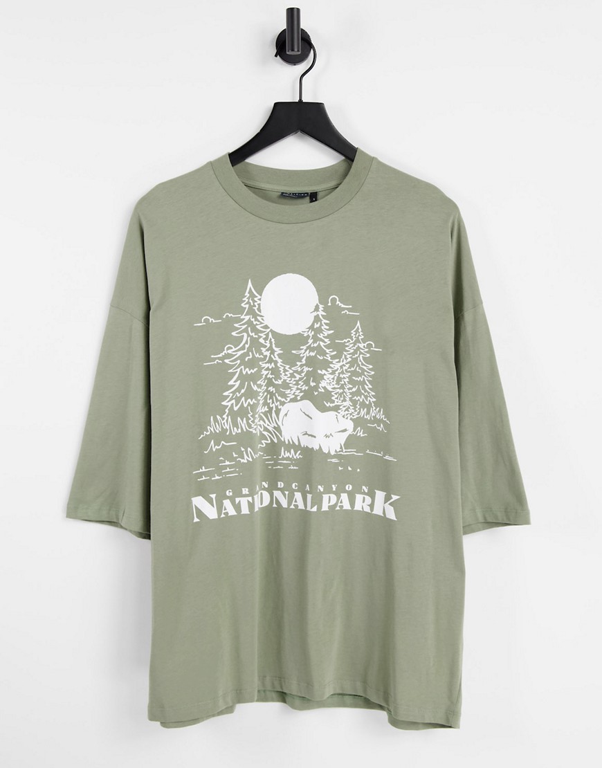 ASOS DESIGN oversized t-shirt in khaki organic cotton with mountain line drawing print-Green