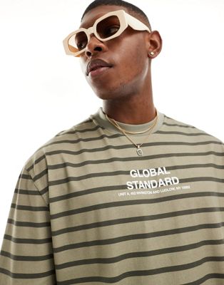 ASOS DESIGN oversized t-shirt in khaki stripe with text chest print
