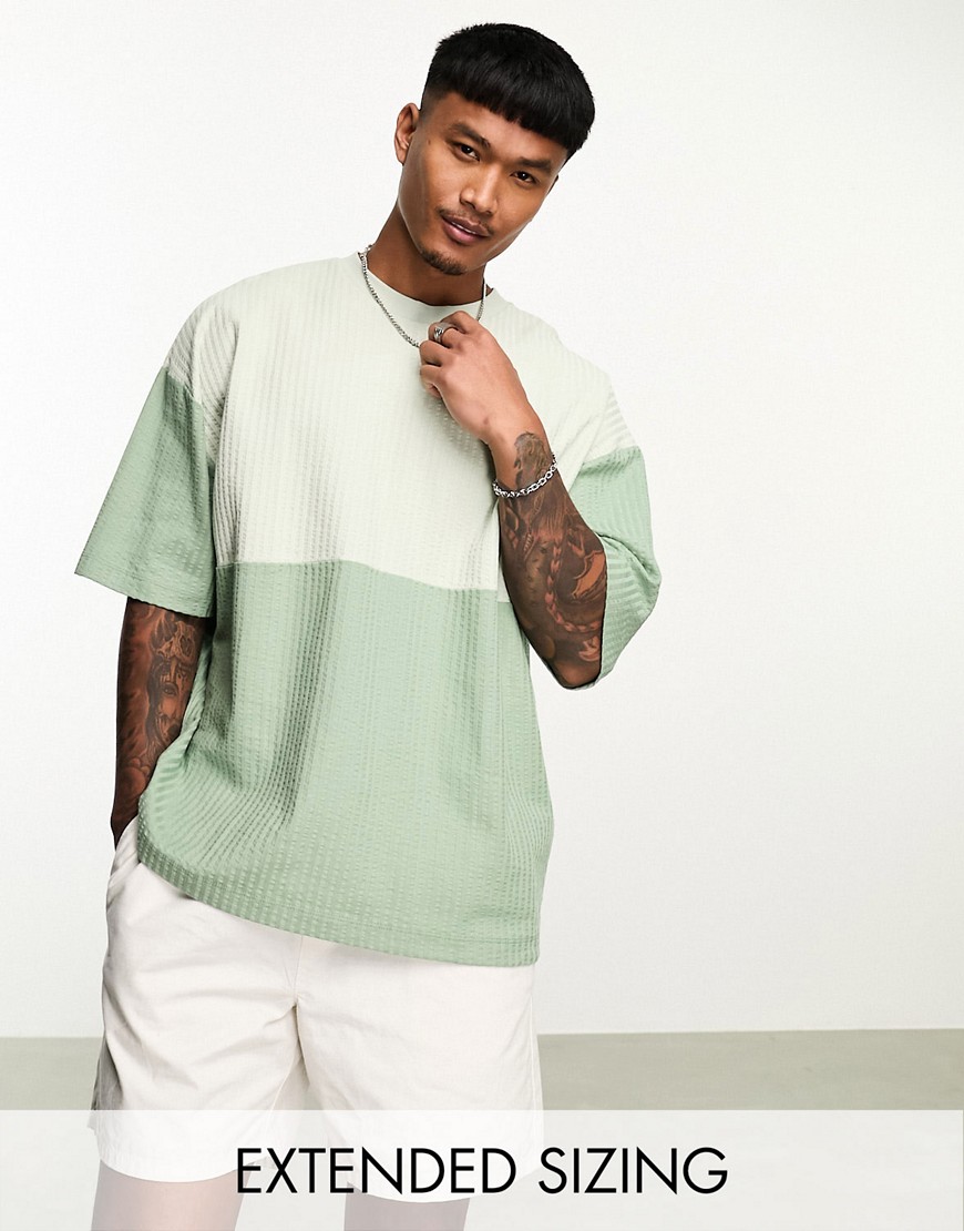 ASOS DESIGN oversized t-shirt in khaki textured colour block-Green