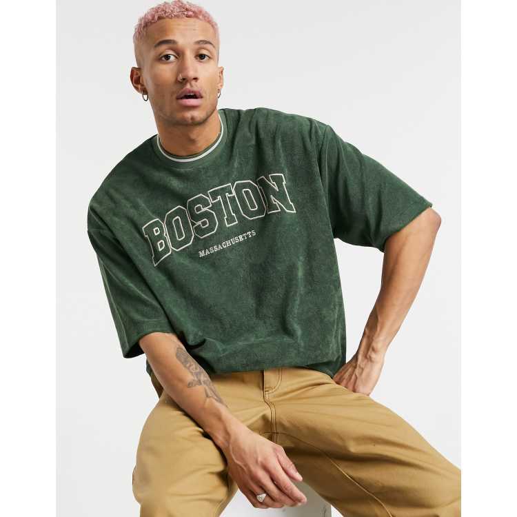 ASOS DESIGN oversized t-shirt in khaki towelling with Boston city print