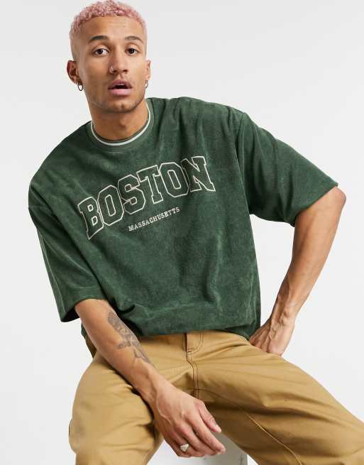 ASOS DESIGN oversized t-shirt in khaki towelling with Boston city print