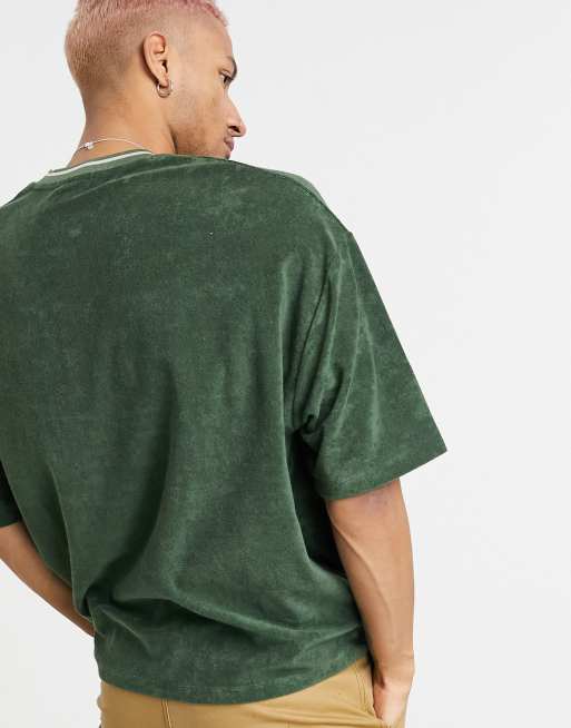 ASOS Design Oversized Polo Long Sleeve T-Shirt in Khaki Acid wash-Green