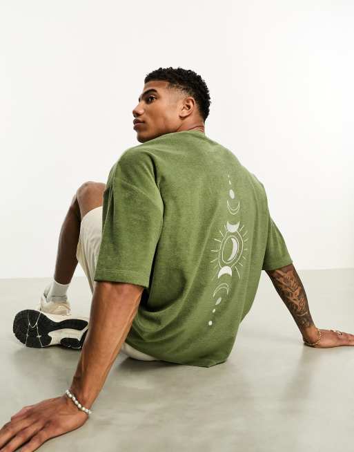 Asos Design Oversized T Shirt In Khaki Towelling With Celestial Back Embroidery Asos 6111