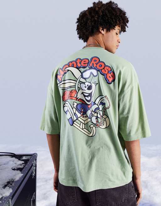 ASOS DESIGN oversized t-shirt in khaki with cartoon ski bunny back print