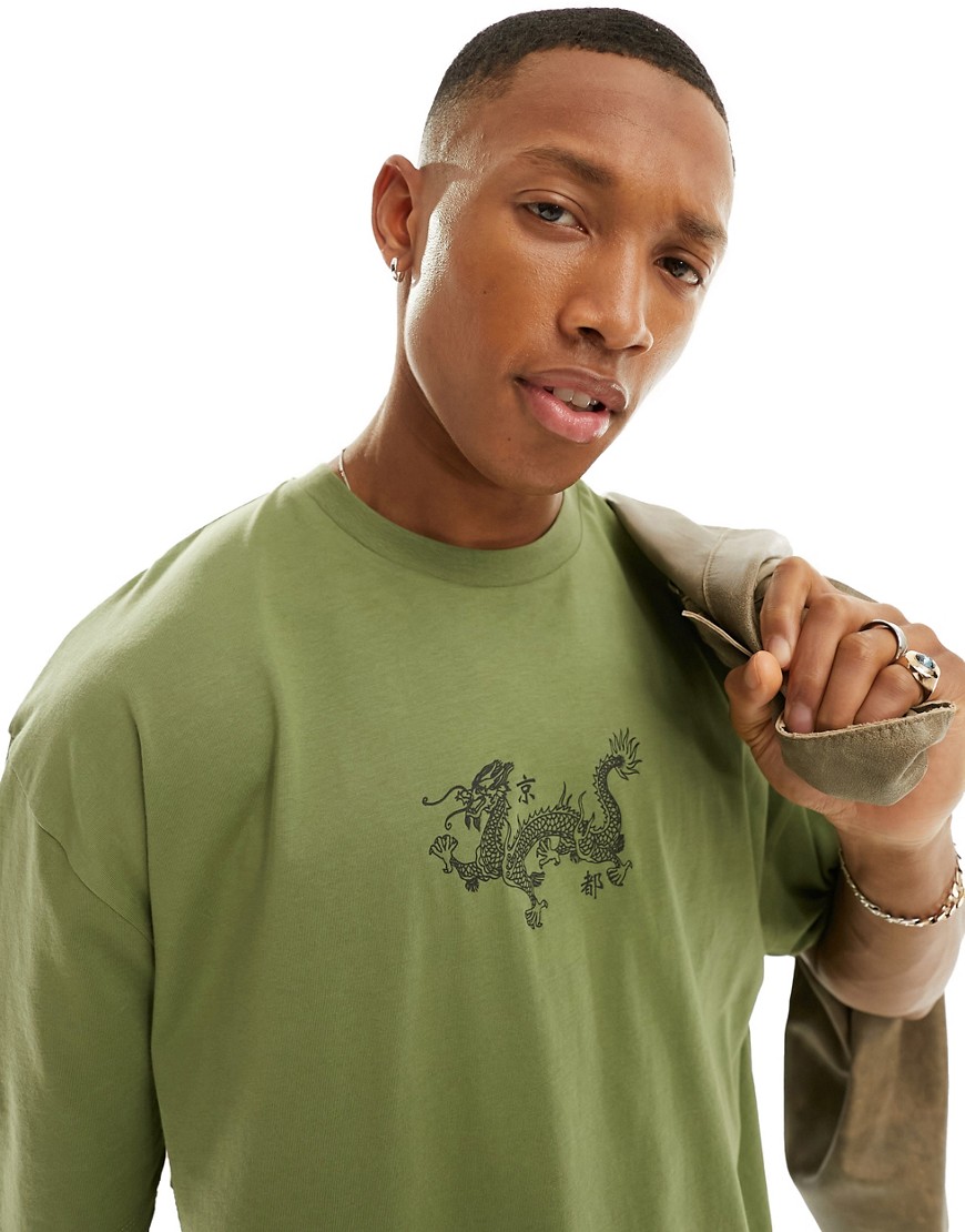 ASOS DESIGN oversized t-shirt in khaki with dragon chest print-Green