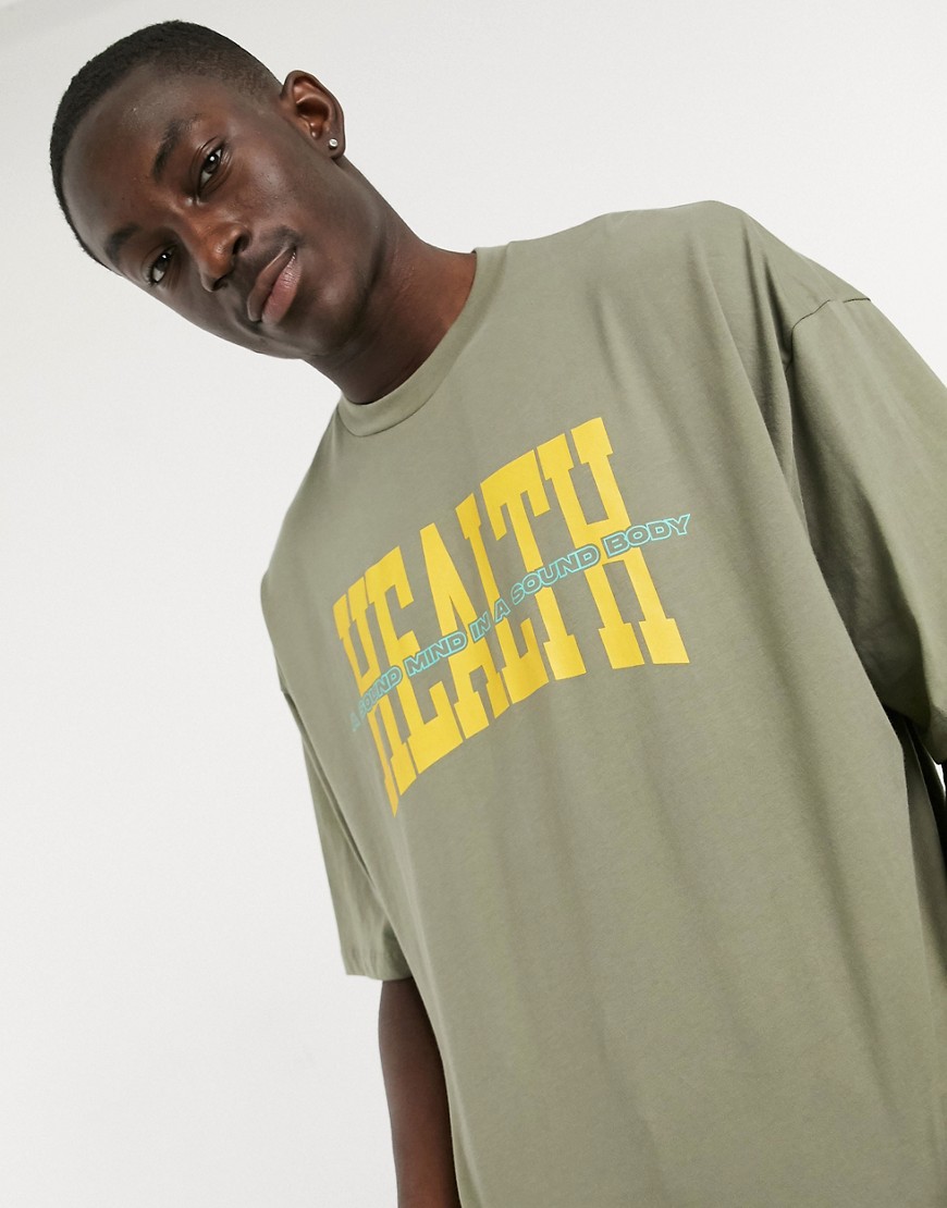 ASOS DESIGN oversized t-shirt in khaki with health print-Green
