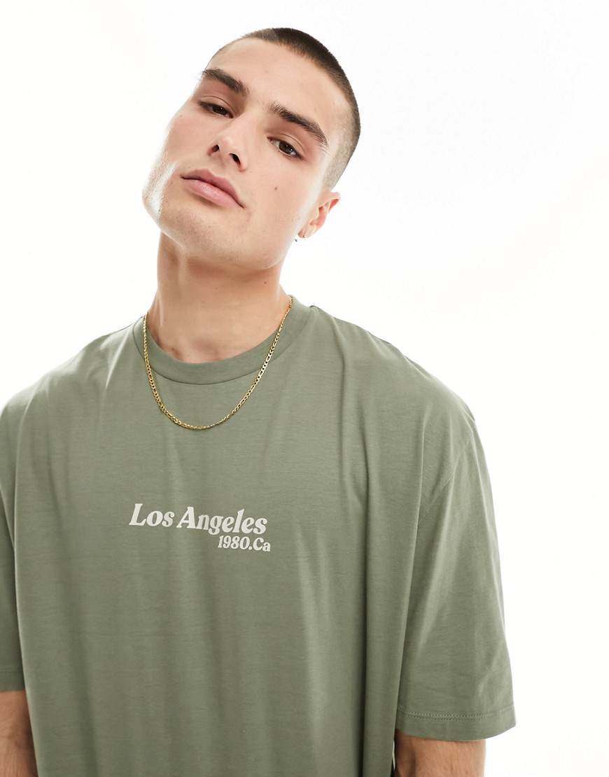ASOS DESIGN oversized t-shirt in khaki with Los Angeles chest print-Green
