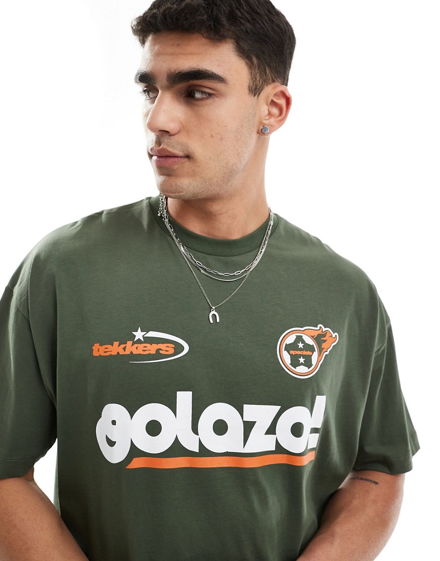 ASOS DESIGN oversized t-shirt in khaki with motorsport front and back print-Green