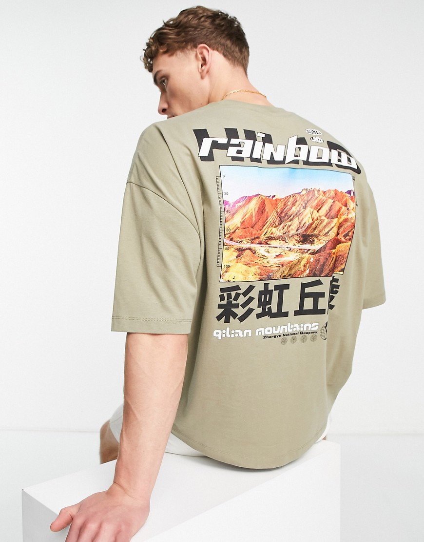 ASOS DESIGN oversized t-shirt in khaki with photographic mountain back print-Green