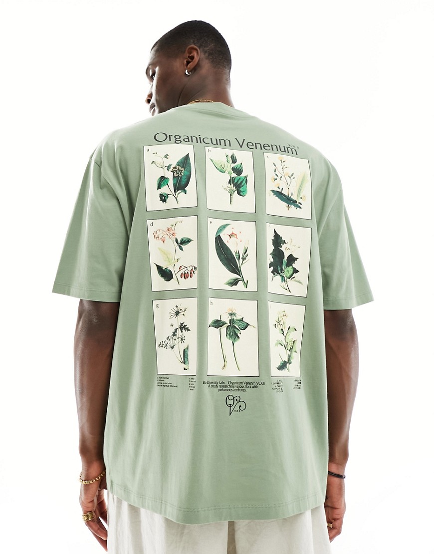 ASOS DESIGN oversized t-shirt in khaki with plant back print-Green
