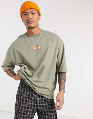 ASOS Design Oversized T-Shirt in Beige with Green Color Block Panels & Boston print-Neutral