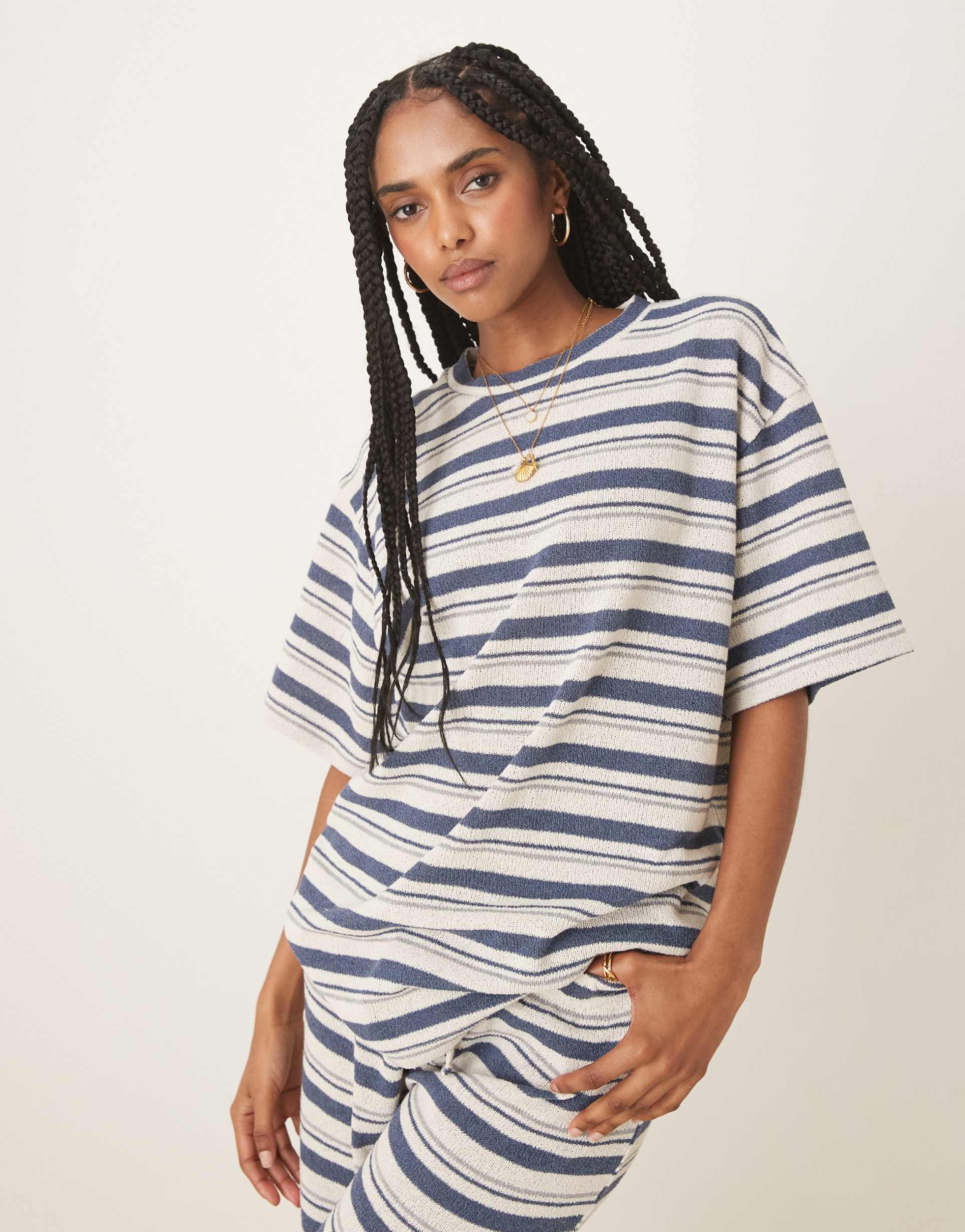 asos design oversized t-shirt in knit navy stripe - part of a set