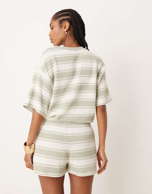 ASOS DESIGN oversized t-shirt in knit sage stripes - part of a set