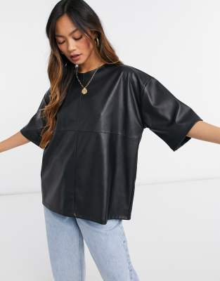 oversized t-shirt in leather look in black-Red