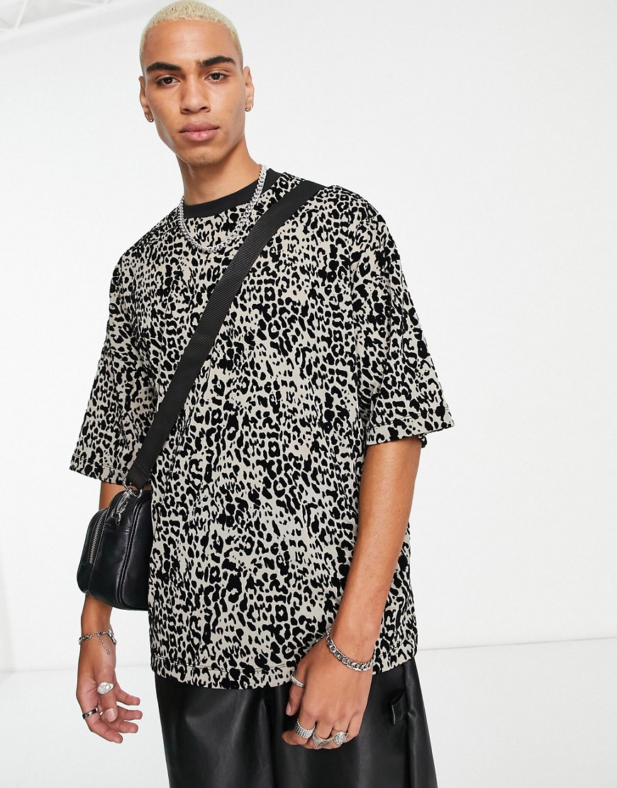 ASOS DESIGN oversized T-shirt in leopard flock print mesh-Black