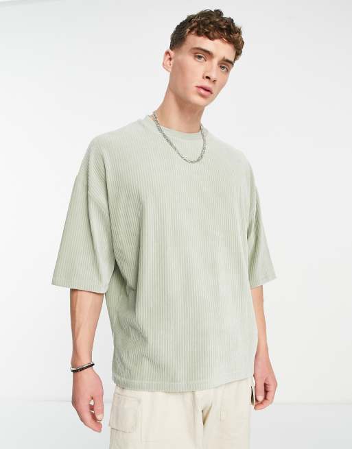 ASOS Design Relaxed Rib T-Shirt in Brown with Green Ringer