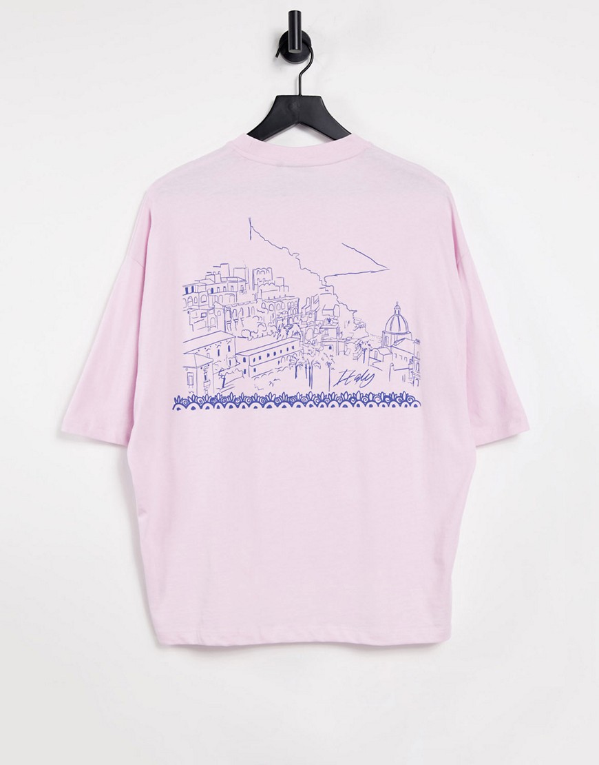 ASOS DESIGN oversized t-shirt in light pink with line drawing back print-Purple