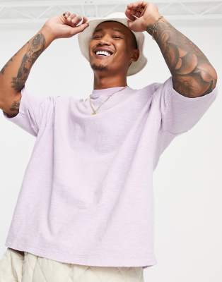 Asos Design Oversized Heavyweight T-shirt With Grandad Collar In Lilac-purple In Purple