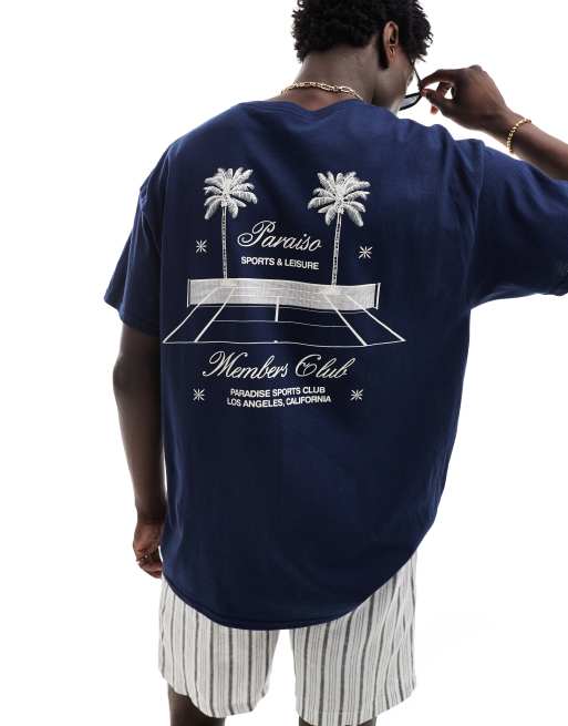 ASOS DESIGN - Oversized T-shirt in marineblauw met tennisprint op de achterkant