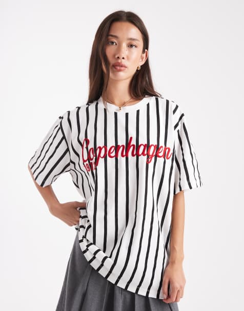 ASOS DESIGN Oversized T-shirt in mono stripe with Copenhagen embroidery - view 1