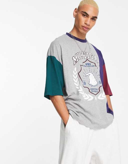 ASOS DESIGN - Oversized T-shirt in multi met kleurvlakken en 'Michigan' stadsprint