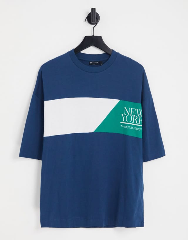 ASOS DESIGN oversized T-shirt in navy and green color block with New York city print