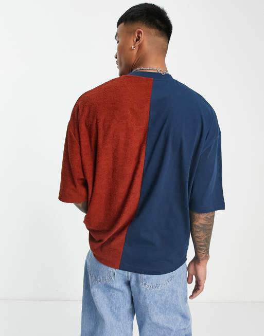 ASOS DESIGN oversized t-shirt in navy and orange toweling color block, 3 of 4