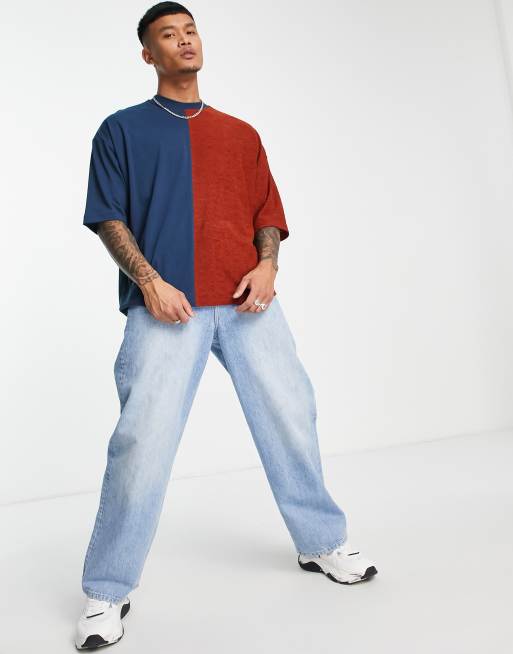 ASOS DESIGN oversized t-shirt in navy and orange towelling colour block, 4 of 4