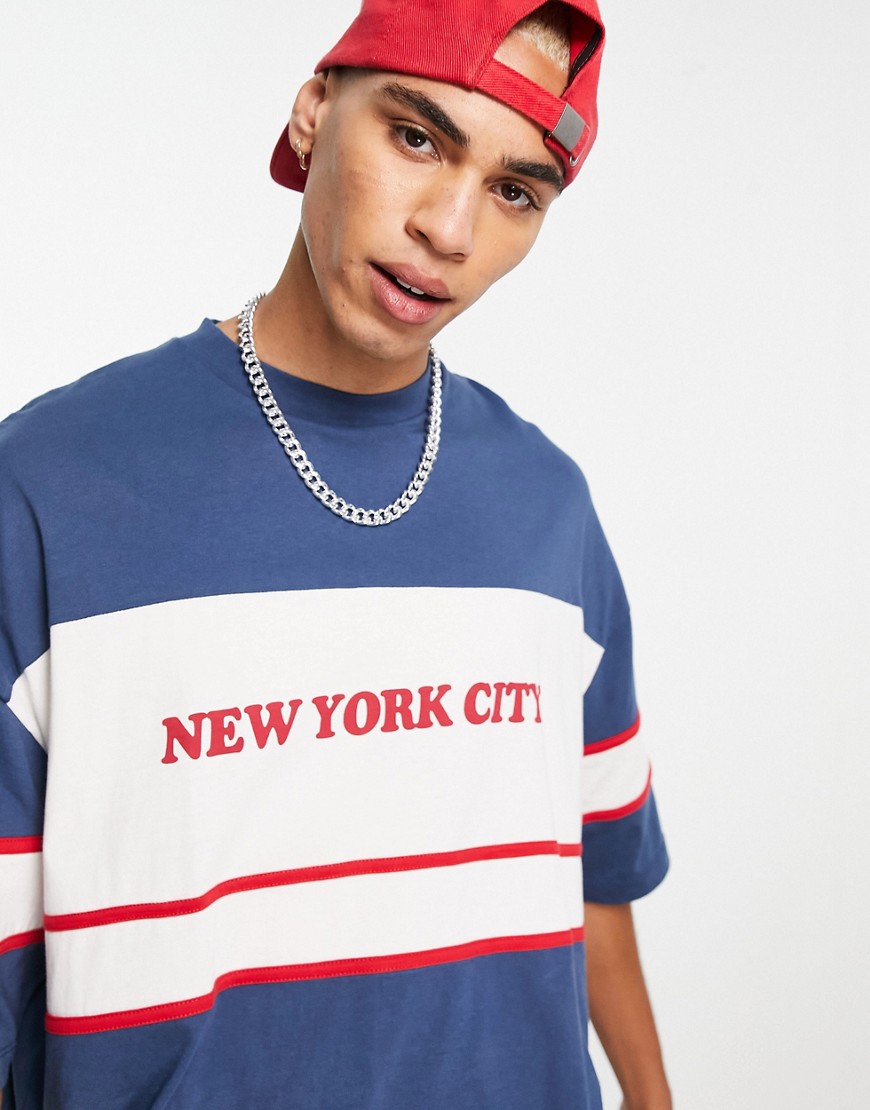 ASOS DESIGN oversized t-shirt in navy color block with New York City print
