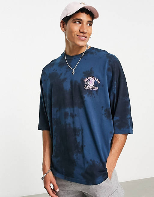  oversized t-shirt in navy organic cotton blend tie dye with back print 