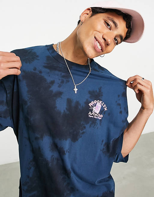  oversized t-shirt in navy organic cotton blend tie dye with back print 