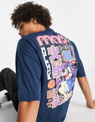 ASOS DESIGN oversized t-shirt in navy with anime back print