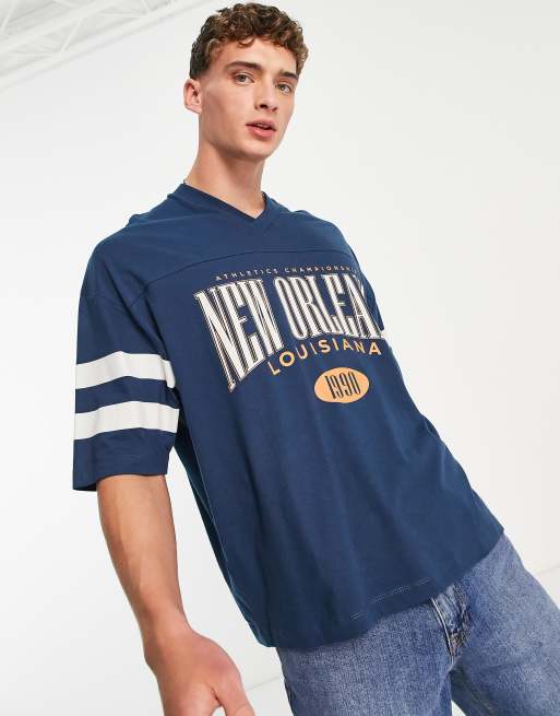 ASOS DESIGN oversized t-shirt in navy with contrast sleeve panels & city  print