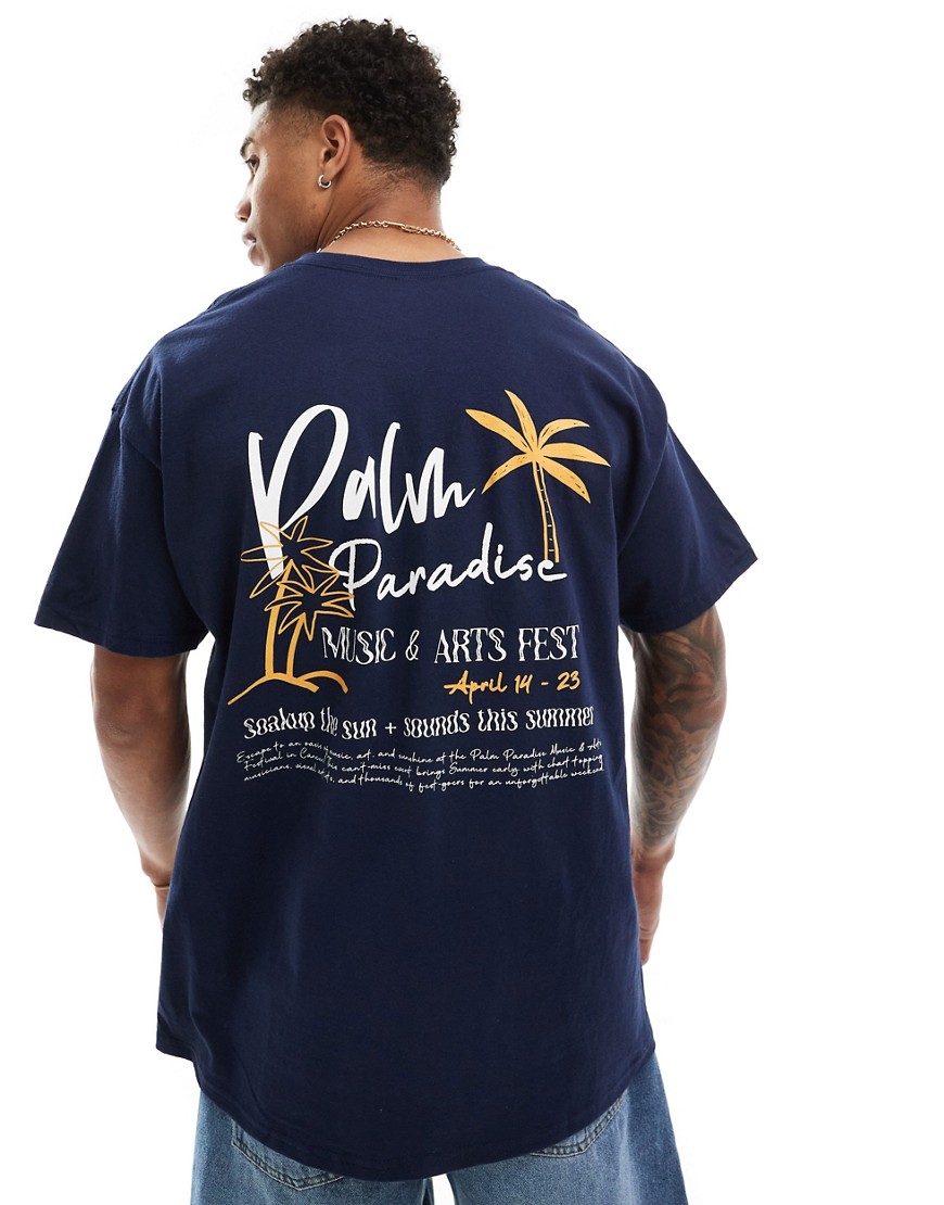 ASOS DESIGN oversized t-shirt in navy with palm paradise back print