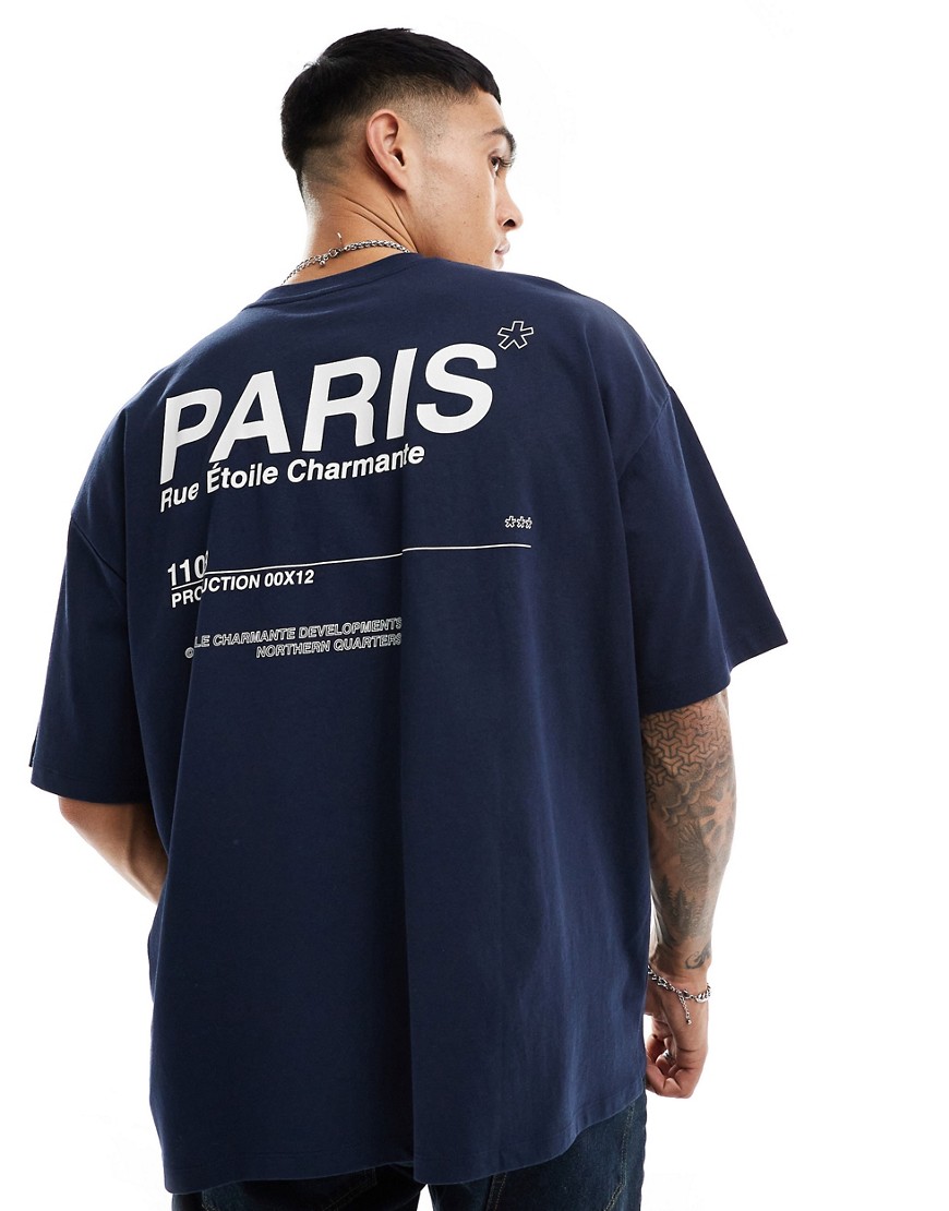 ASOS DESIGN oversized t-shirt in navy with Paris text back print