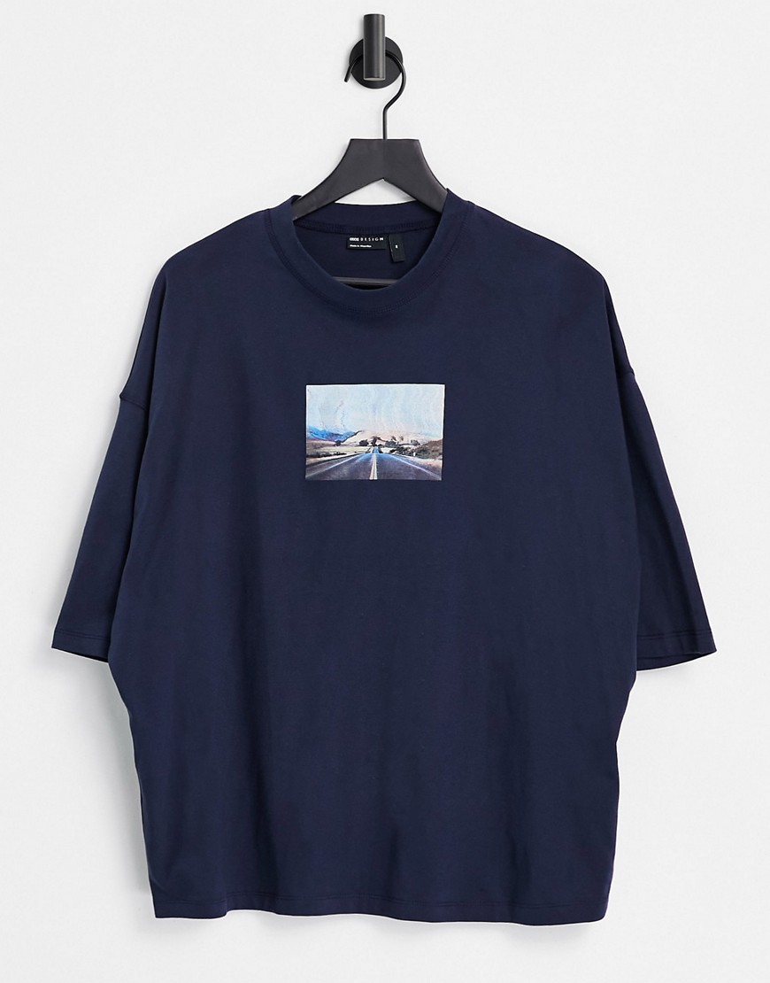 ASOS DESIGN oversized T-shirt in navy with photographic print