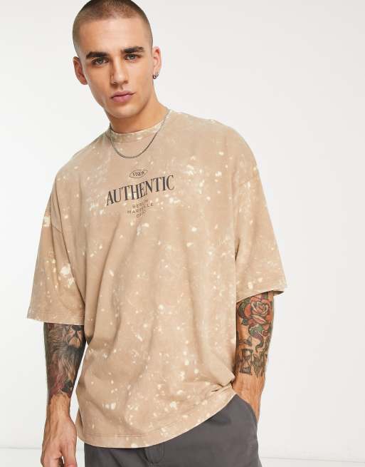 ASOS DESIGN - Oversized T-shirt in neutrale acid wash met tekstprint